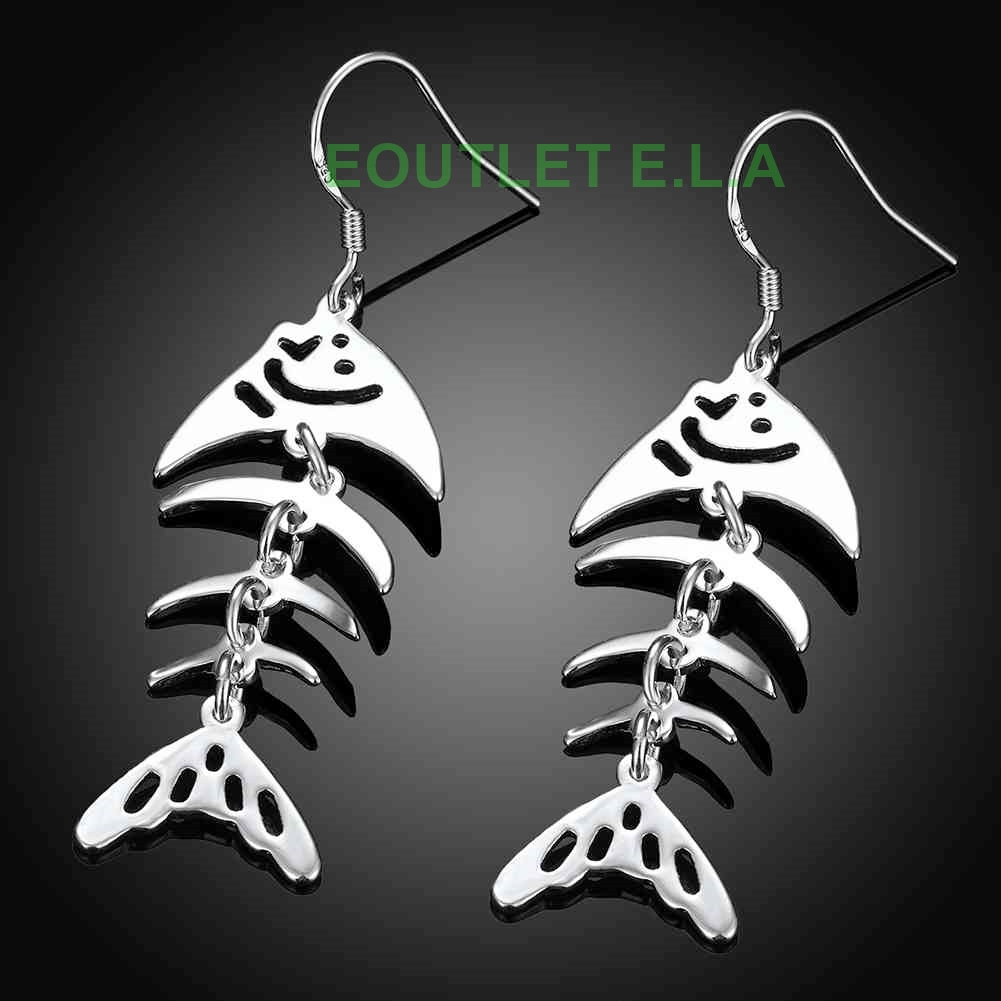 60mm CUTE FISH BONE SILVER PLATED EARRINGS